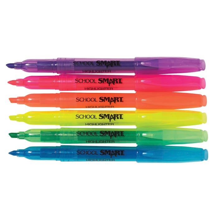 School Smart Pen Style Highlighters, Chisel Tip, Assorted Colors, Pack of 6