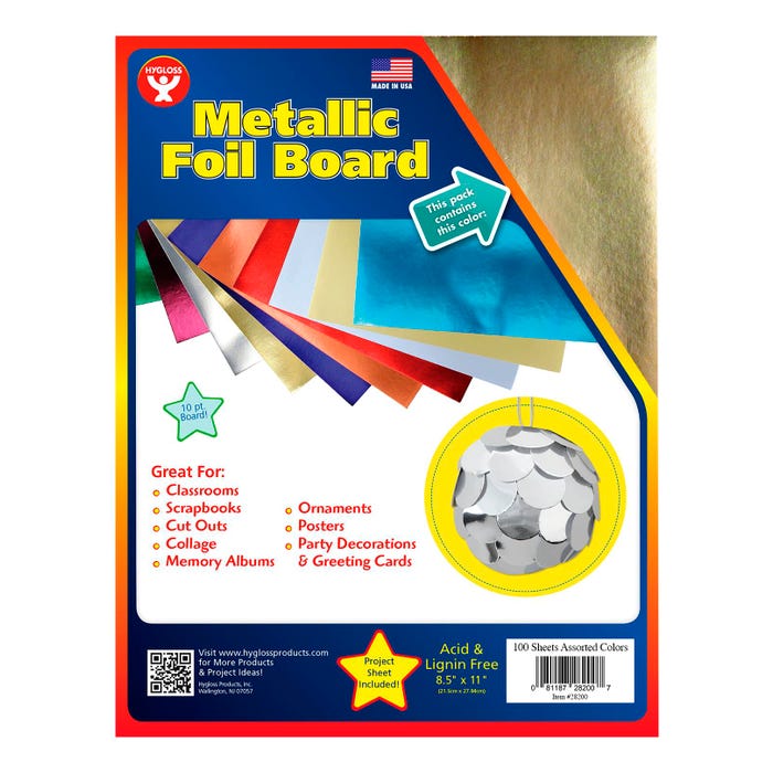 Hygloss Metallic Foil Board, 8-1/2 x 11 Inches, Assorted Colors, 100 Sheets