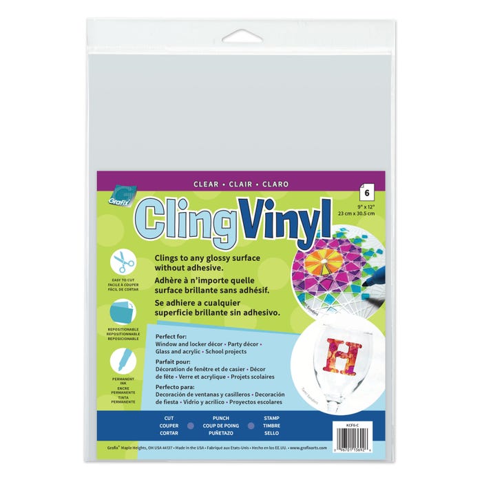 Grafix Cling Vinyl, Clear, 9 x 12 Inches, Pack of 6