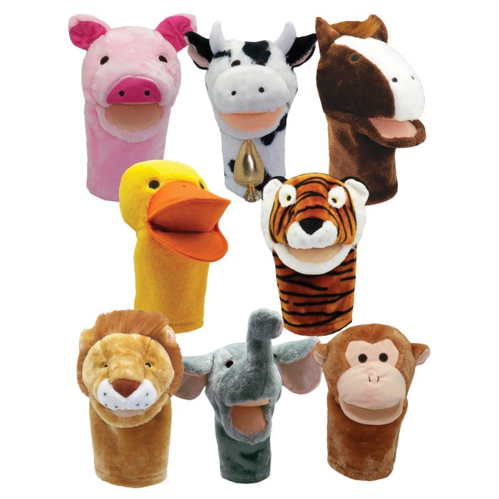 Get Ready Kids Moveable Mouth Zoo and Farm Animal Puppets, Set of 8