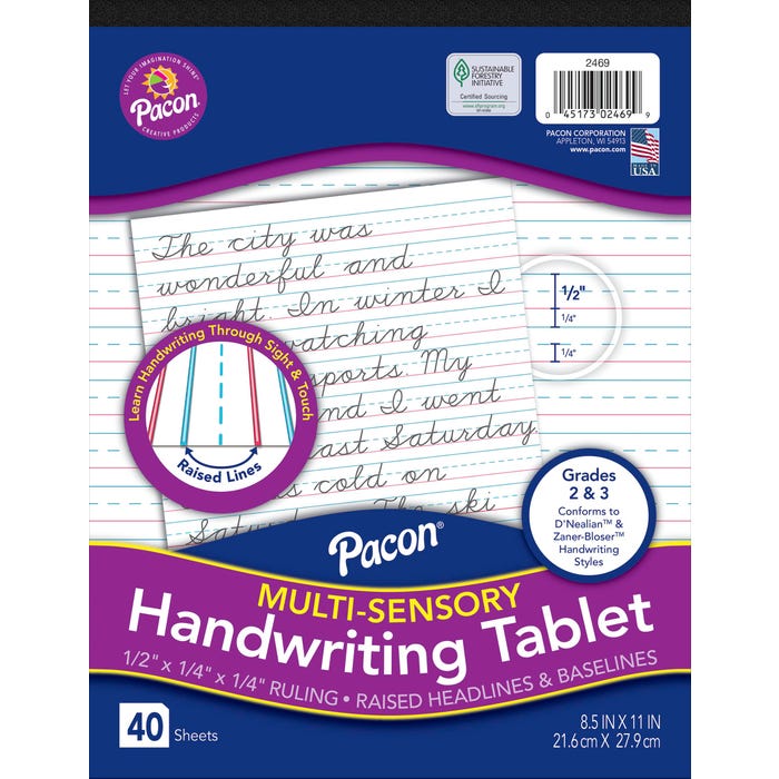 Pacon Multi-Sensory Raised Ruled Tablet, 8-1/2 x 11 Inches, Short Ruled, 40 Sheets