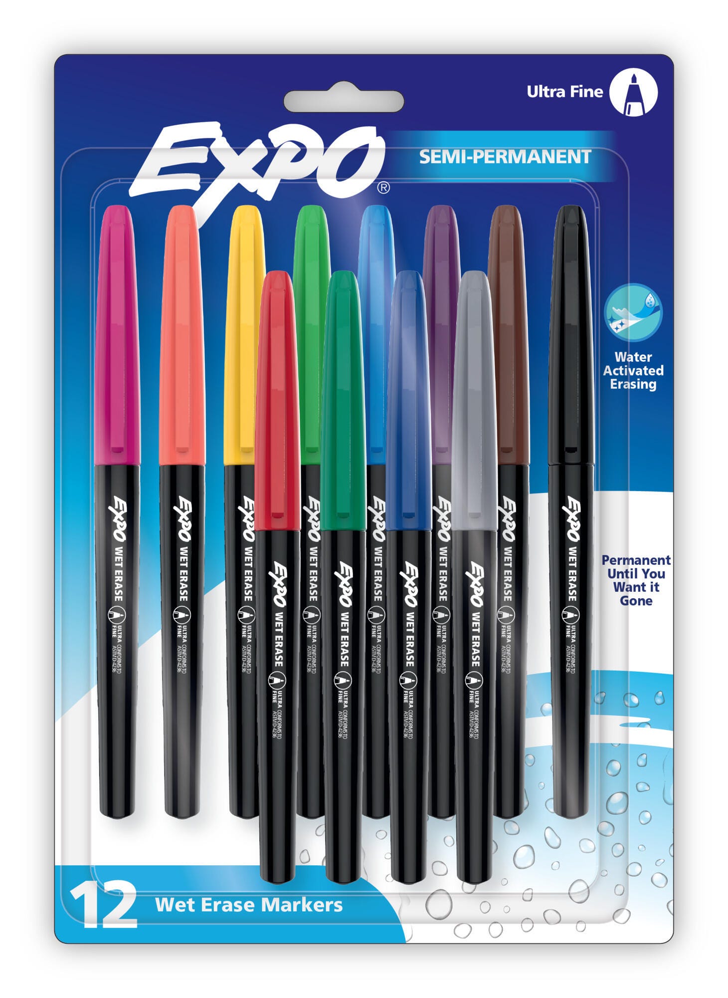 EXPO Wet Erase Semi-Permanent Markers, Ultra Fine Point, Assorted Colors, Set of 12 2150506
