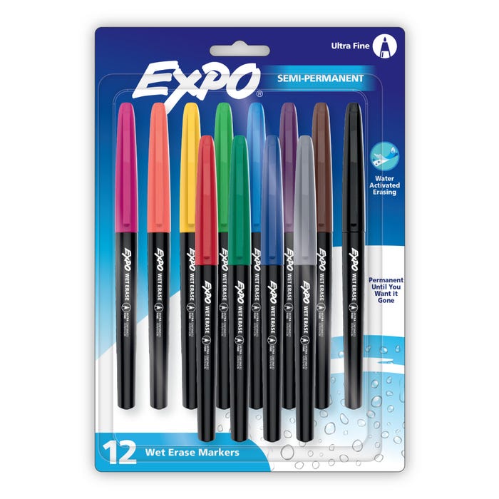 EXPO Wet Erase Semi-Permanent Markers, Ultra Fine Point, Assorted Colors, Set of 12