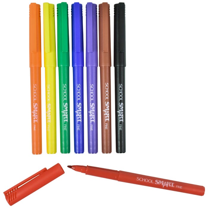 School Smart Felt Tip Pen Marker, Water Based Ink Fine Tip, Assorted Colors, Pack of 8