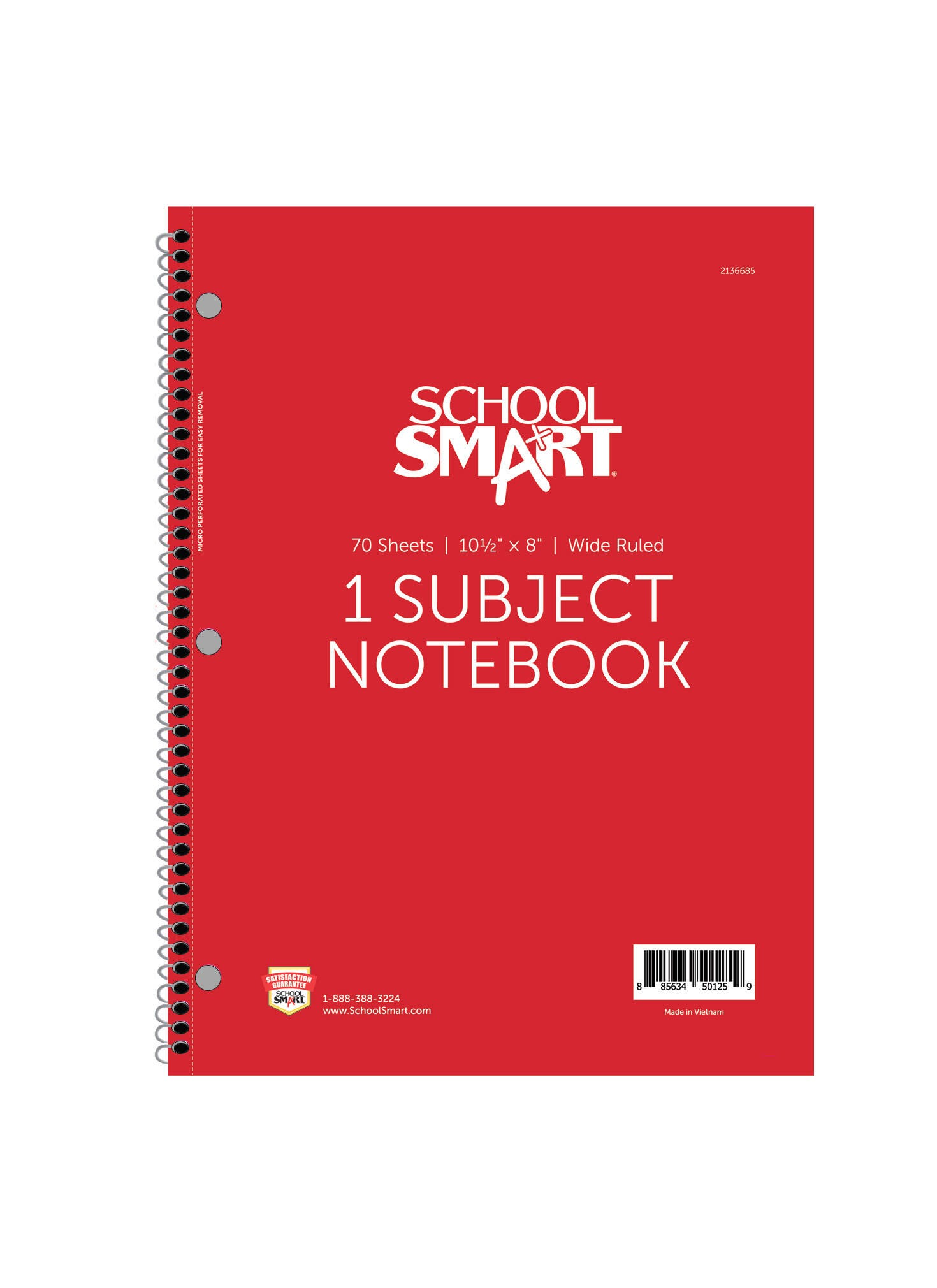 School Smart Wide Ruled Spiral Notebook, 8 x 10-1/2 Inches, 1 Subject, Red, 70 Sheets 2136685