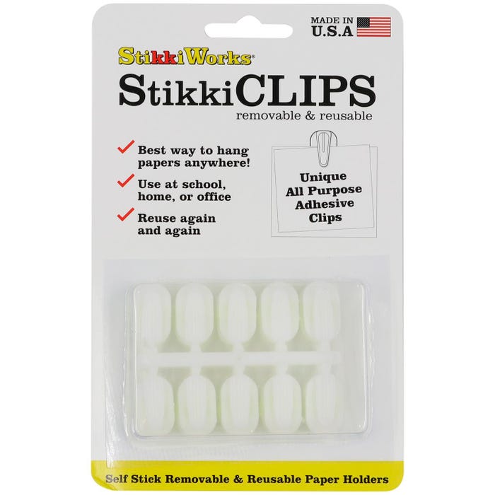 StikkiWorks Stikki Clips Paper Holders with Wax, Reusable and Removable, White, Pack of 20