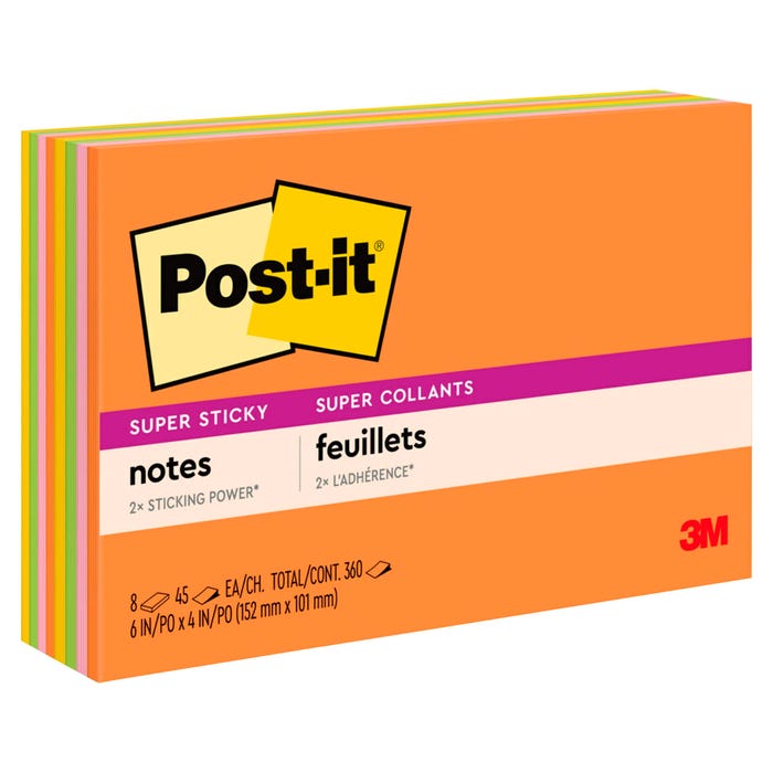 Post-it Super Sticky Large Notes, 6 x 4 Inches, Energy Boost Colors, Pad of 45 Sheets, Pack of 8