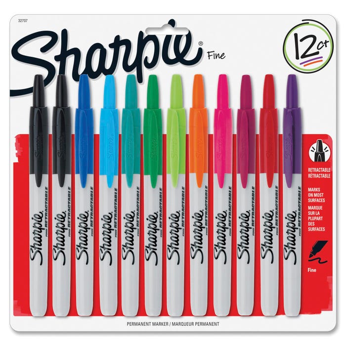 Sharpie Retractable Permanent Markers, Fine Tip, Assorted Colors, Pack of 12