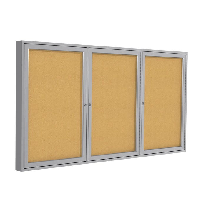 Ghent 3 Door Enclosed Bulletin Board, Natural Cork with Satin Frame, 3 x 6 Feet