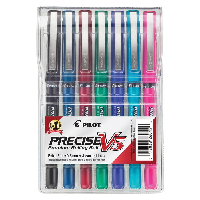 Pilot Precise V5 Premium Rolling Ball Stick Pens, Extra Fine Point, Assorted Ink, Set of 7