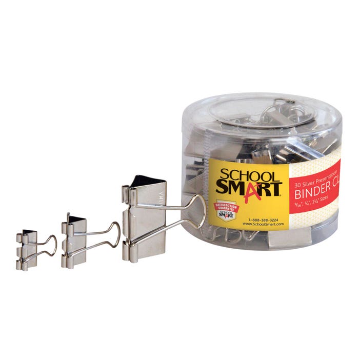 School Smart Presentation Binder Clips, Assorted Sizes, Silver, Pack of 30