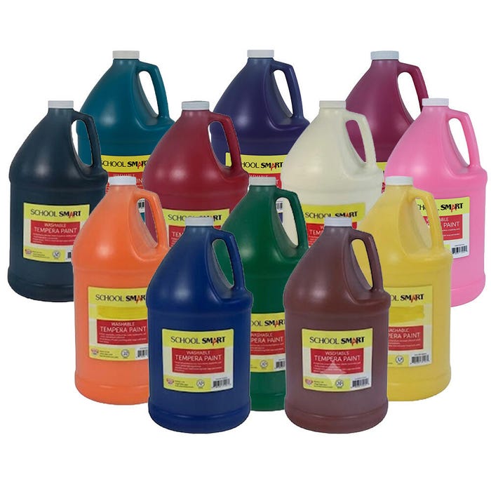 School Smart Washable Tempera Paint, 1 Gallon Bottles, Assorted Colors, Set of 12