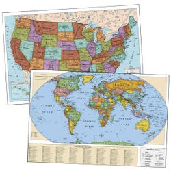 Nasco Education Laminated US and World Map Posters, 49 x 33 Inches, Set of 2