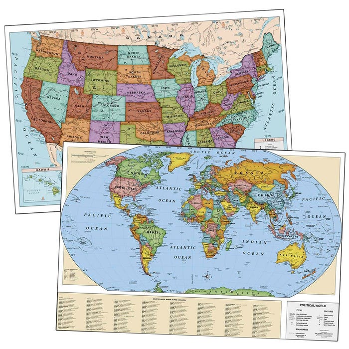 Nasco Education Laminated US and World Map Posters, 49 x 33 Inches, Set of 2