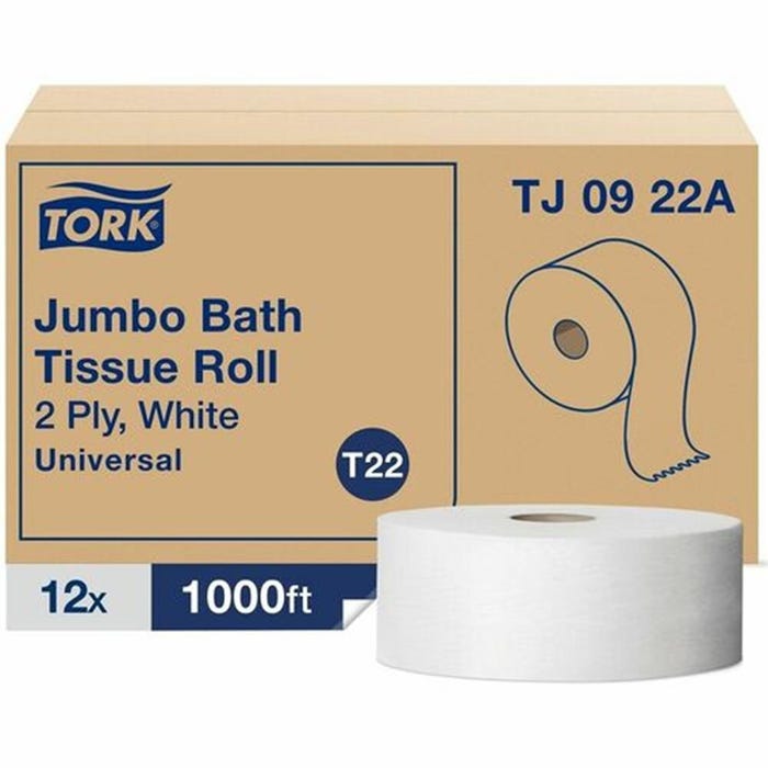 Tork Universal Jumbo Bath Tissue Rolls, 2 Ply, 1000 Feet, White, Pack of 12