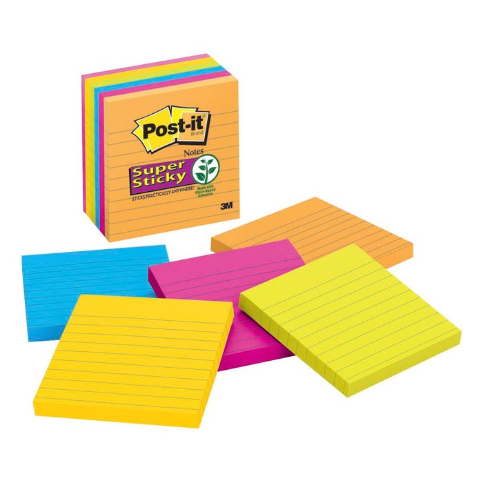 Post-it Super Sticky Lined Notes, 4 x 4 Inches, Energy Boost Colors, Pack of 6
