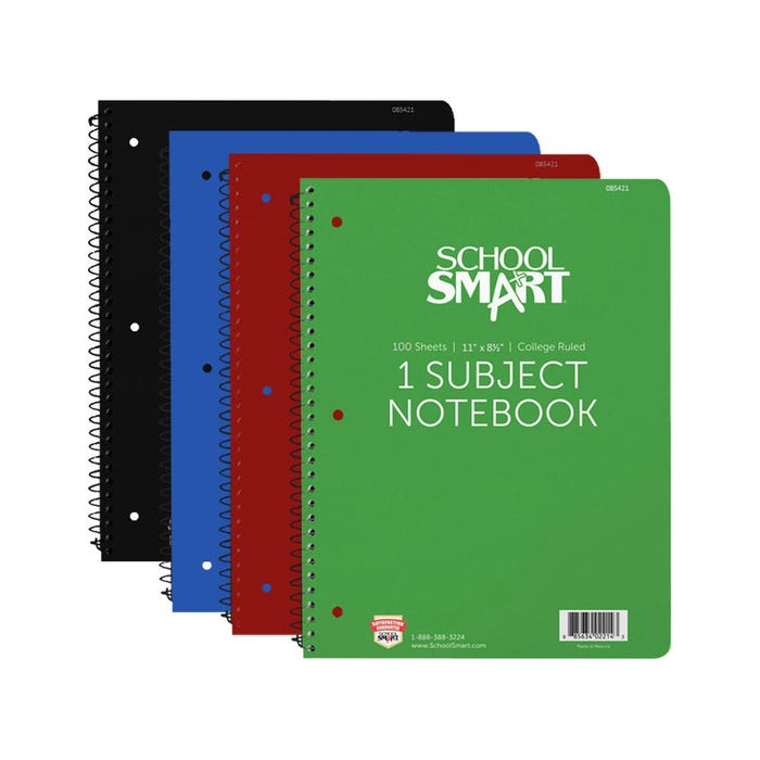 School Smart Spiral Non-Perforated 1 Subject College Ruled Notebook, 100 Sheets, 11 x 8-1/2 Inches