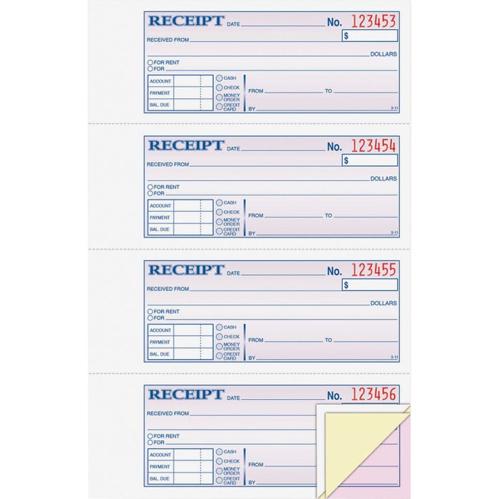 Adam 3 Parts Carbonless Triplicate Wire Tapebound Money/Rent Receipt Book, 11 X 7-5/8 in, Multiple Color, 100 Sheets