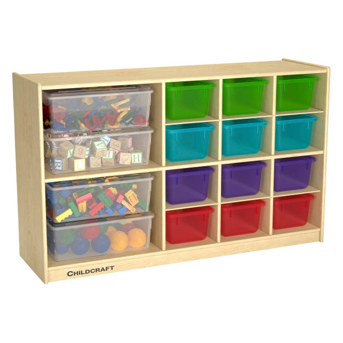 Childcraft Mobile Storage Unit, 12 Translucent Colored Trays, 4 Translucent Trays, 47-3/4 x 14-1/4 x 30 Inches