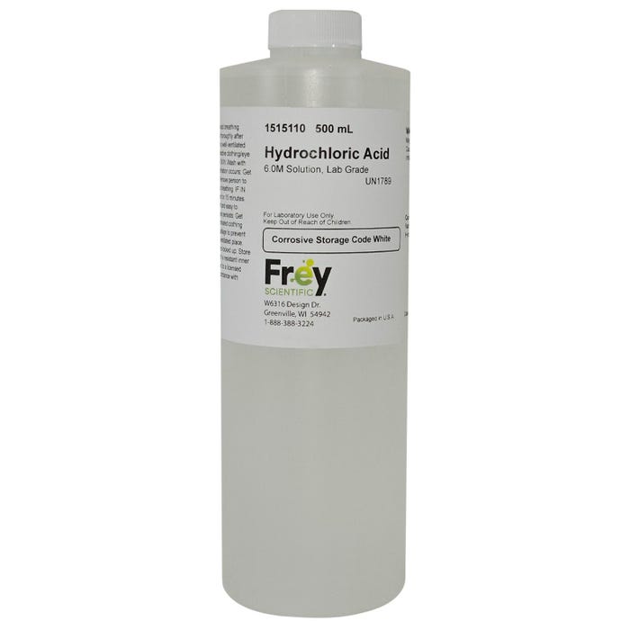 Frey Scientific Hydrochloric Acid, 6.0M Solution, Lab Grade, 500mL