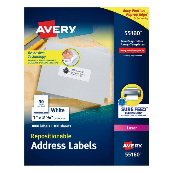Avery Repositionable Address Labels, Laser, 1 x 2-5/8 Inches, Pack of 3000