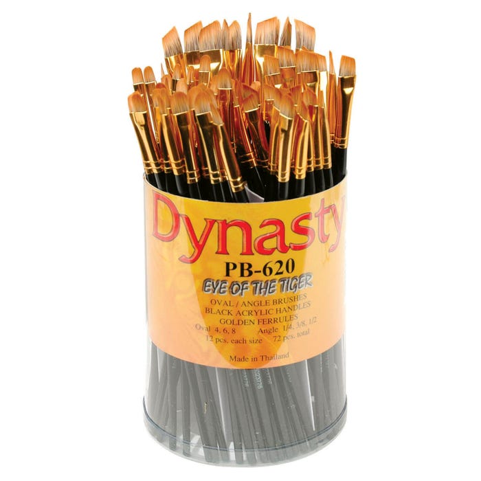 Dynasty PB-620 Eye of the Tiger Synthetic Hair Acrylic Handle Paint Brush Set, Assorted Sizes, Black, Set of 72