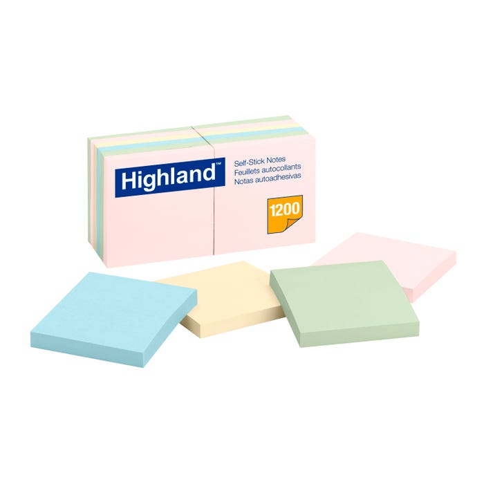 Highland Self-Stick Notes, 3 x 3 Inches, Pastel Colors, Pad of 100 Sheets, Pack of 12