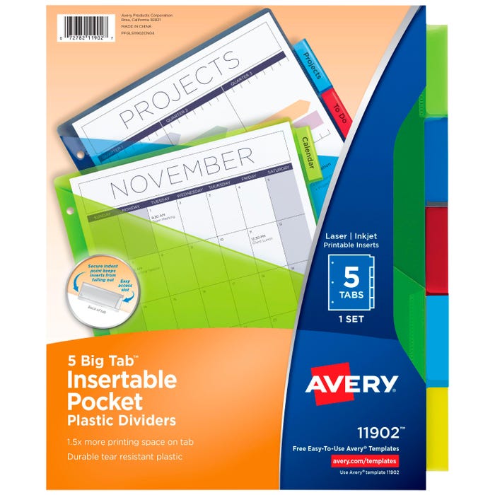 Avery Plastic Insertable Dividers with Pocket, 5 Tab, Multi-Color