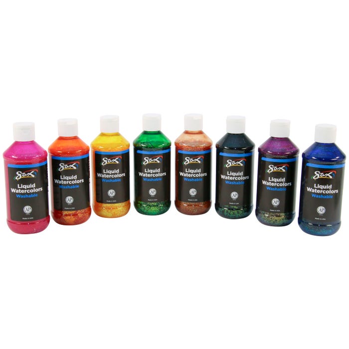 Sax Liquid Washable Watercolor Paint, 8 Ounces, Assorted Glitter Colors, Set of 8