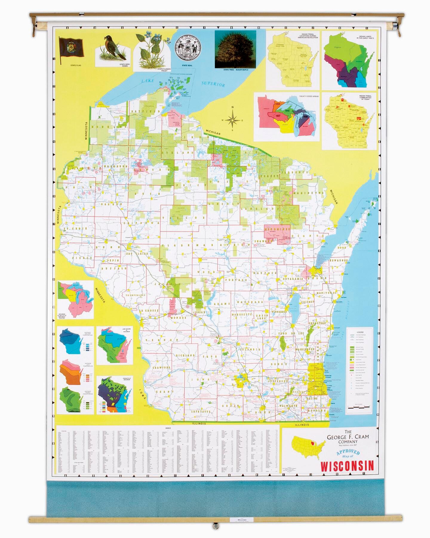 Nystrom Wisconsin Pull Down Roller Classroom Map, 51 x 68 Inches, Item Number 088643