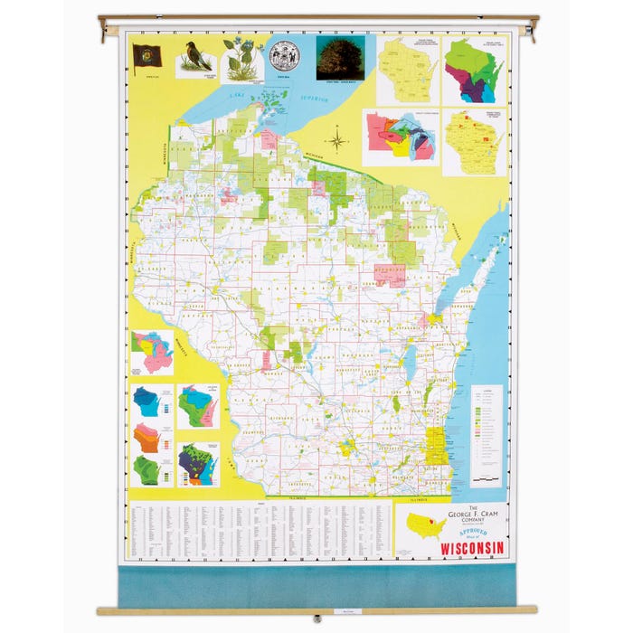 Nystrom Wisconsin Pull Down Roller Classroom Map, 51 x 68 Inches