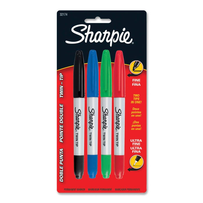 Sharpie Twin Tip Permanent Markers, Fine and Ultra Fine Point, Assorted Colors, Set of 4