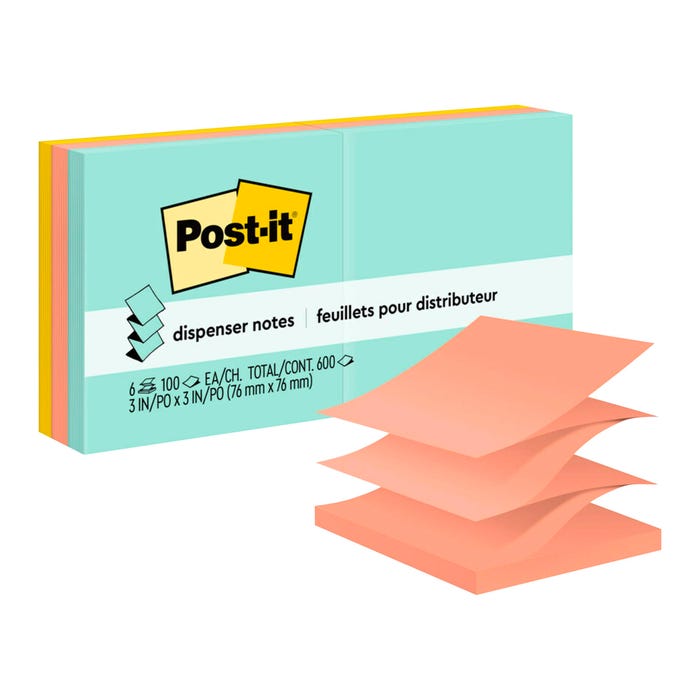Post-it Pop-Up Original Notes, 3 x 3 Inches, Beachside Café, Pad of 90 Sheets, Pack of 6