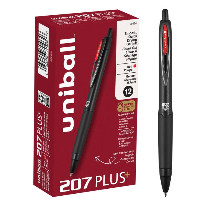 uniball 207 Plus+ Gel Pen, 0.7 mm, Red, Pack of 12