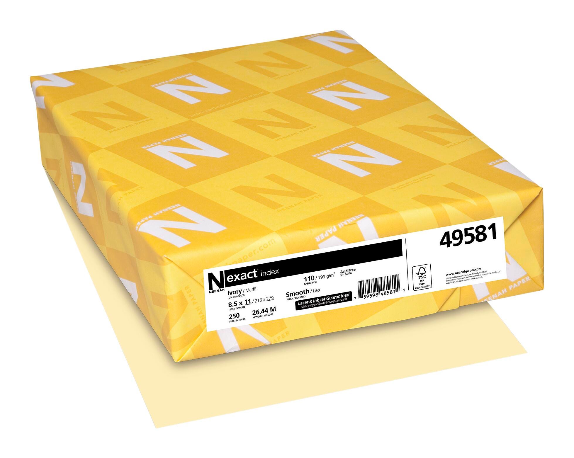 Neenah Paper Exact Index Colored Cardstock, 8-1/2 x 11 Inches, 110 lb, Ivory, 250 Sheets, Item Number 2103388