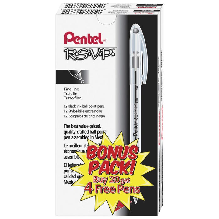 Pentel R.S.V.P. Ballpoint Pen Bonus Pack, Fine Line, Black Ink, Pack of 24