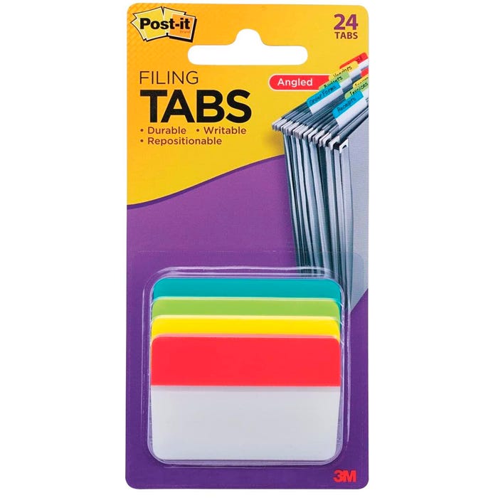 Post-it Filing Tabs, 2 Inches, Angled, Assorted Bright Colors, Set of 24