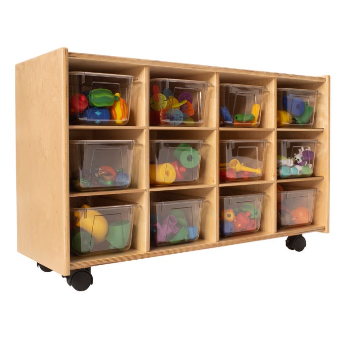 Childcraft Mobile Cubby Unit with Locking Casters, 12 Clear Trays, 38-5/16 x 14-1/4 x 24 Inches