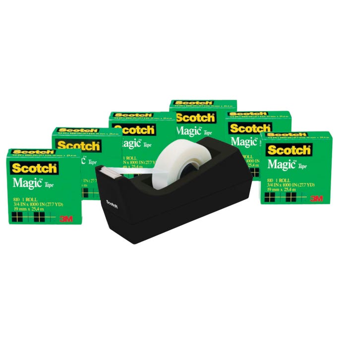 Scotch 810 Magic Tape with Desktop Dispenser, 0.75 x 1000 Inch, Matte Clear, Set of 7
