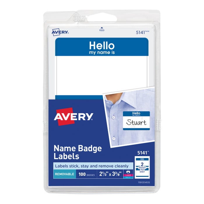 Avery Hello, My Name Is Adhesive Name Badges, 2-1/3 x 3-3/8 Inches, Blue Border, Pack of 100