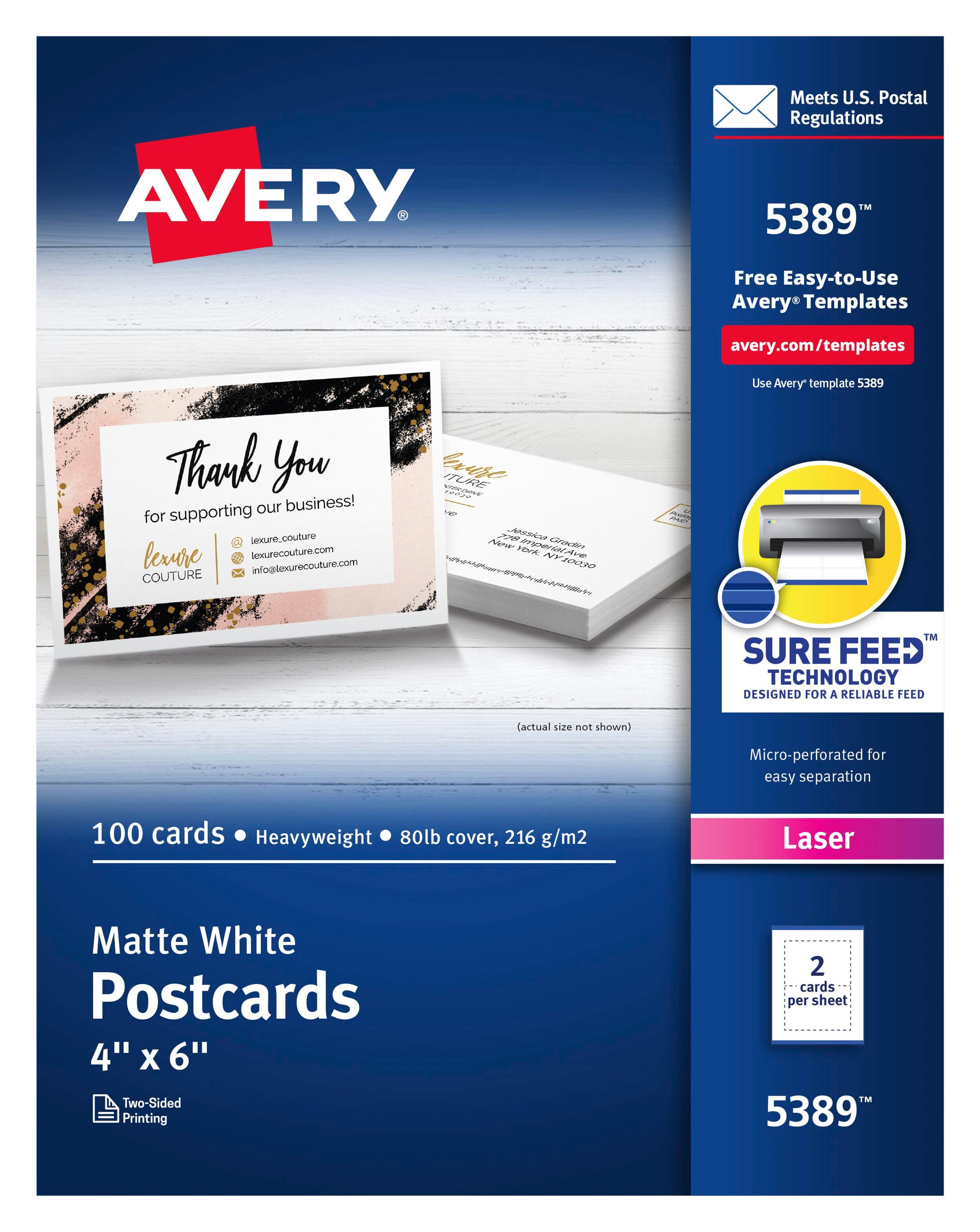 Avery (R) Printable Postcards with Sure Feed Technology, 4 x 6 Inches, White, Pack of 100 1438506