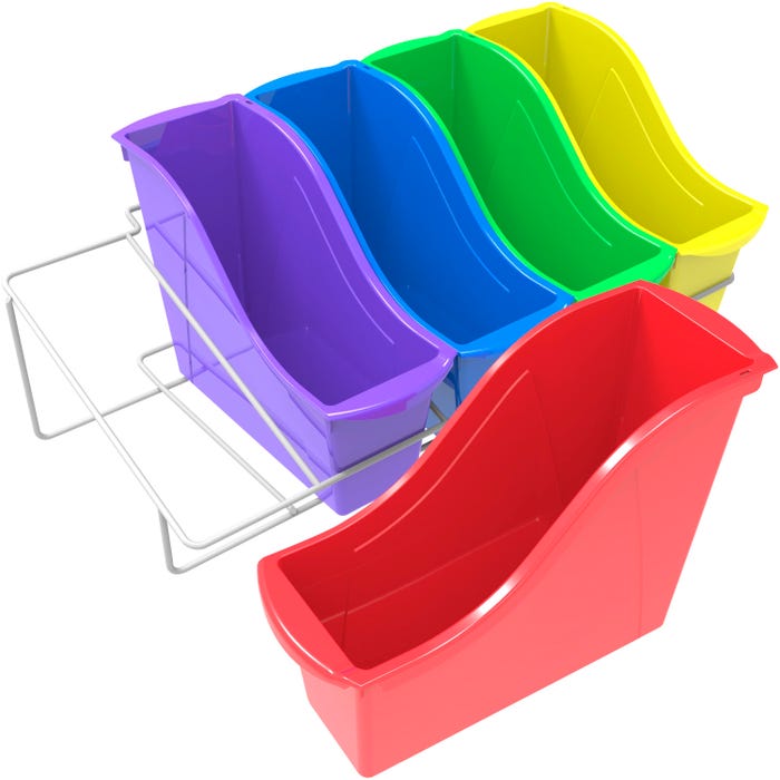 Storex Metal Shelf Rack with 5 Small Book Bins, 22-3/8 x 11-3/4 x 6-1/4 Inches, Assorted Colors