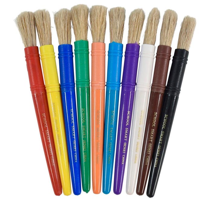 School Smart Beginner Paint Brushes, 7-1/4 x 1/2 Inches, Assorted Colors, Set of 10