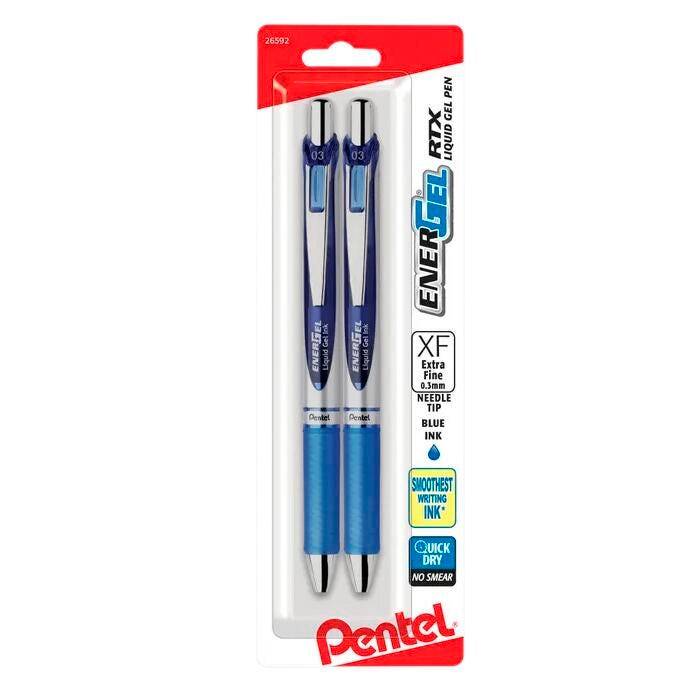 Pentel EnerGel RTX Retractable Liquid Gel Pen, 0.3 mm Needle Tip, Blue Ink, Pack of 2