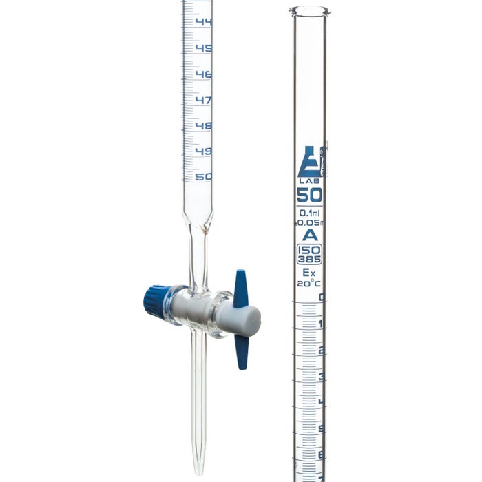 Eisco Borosilicate Burette, Straight Bore, PTFE Stopcock, 50mL, Class A