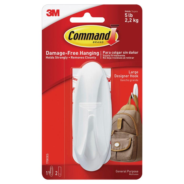 Command Designer Hook with Adhesive Strip, Large, 5 Pound Capacity, White