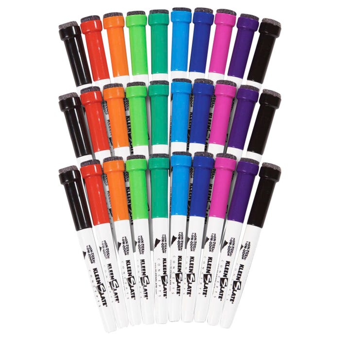 KleenSlate Dry Erase Markers with Eraser Caps, Assorted, Set of 30