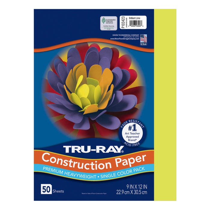 Tru-Ray Sulphite Construction Paper, 9 x 12 Inches, Brilliant Lime, 50 Sheets