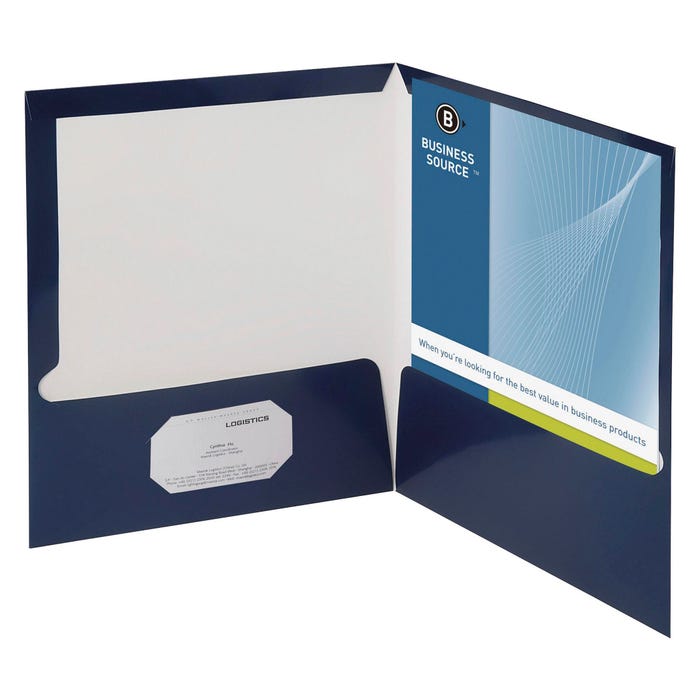 Business Source 2-Pocket Laminated Folder, 100 Sheet Capacity, Navy, Pack of 25