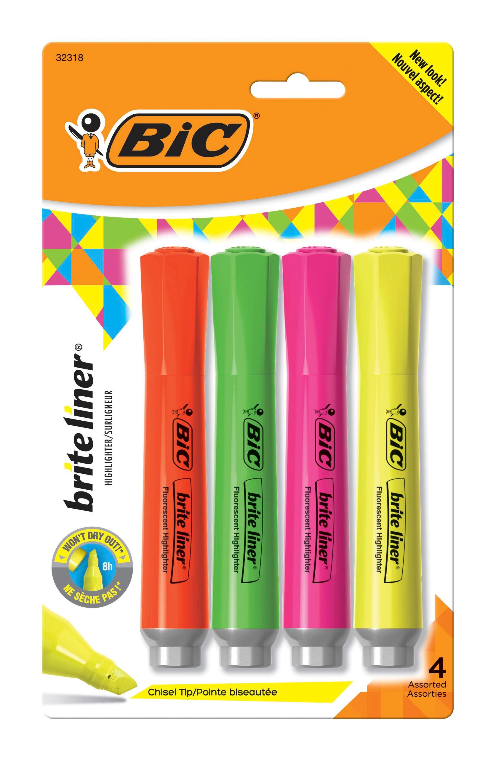 BIC Brite Liner Tank Highlighter, Chisel Tip, Assorted Colors, Pack of 4 081766